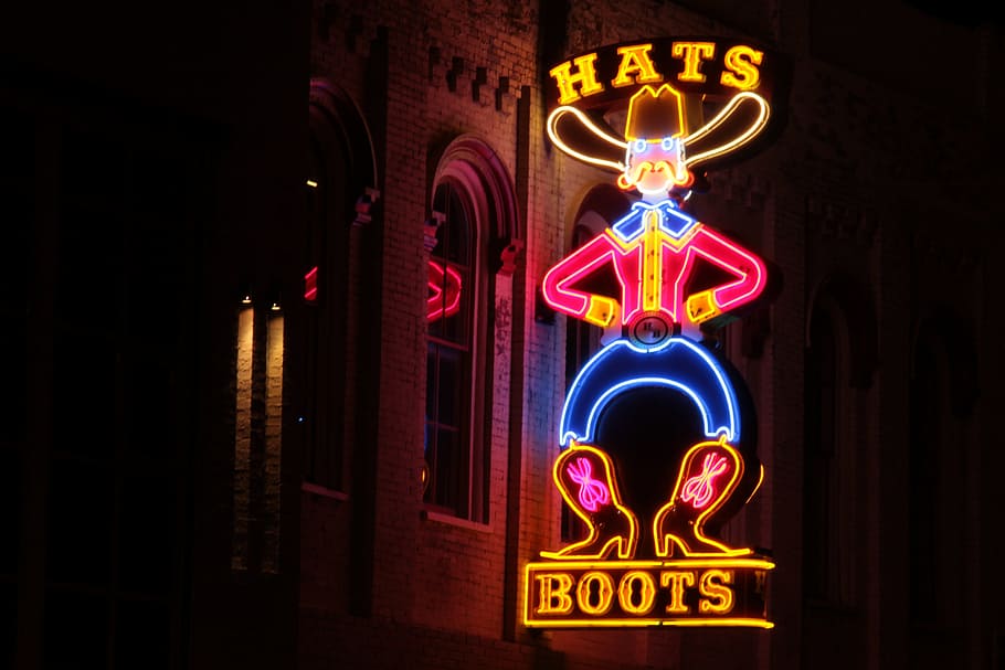 neón, señalización, encendido, sombreros, botas, Nashville, Tennessee, letrero de neón, luces de neón, vaquero