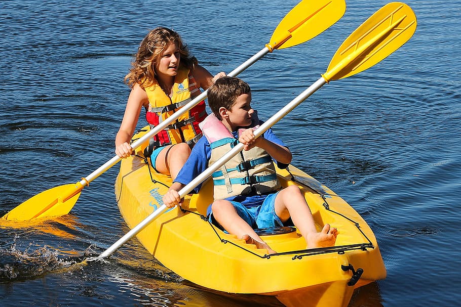 man, boy, riding, kayak, sport, paddle, water, nautical vessel, childhood, togetherness