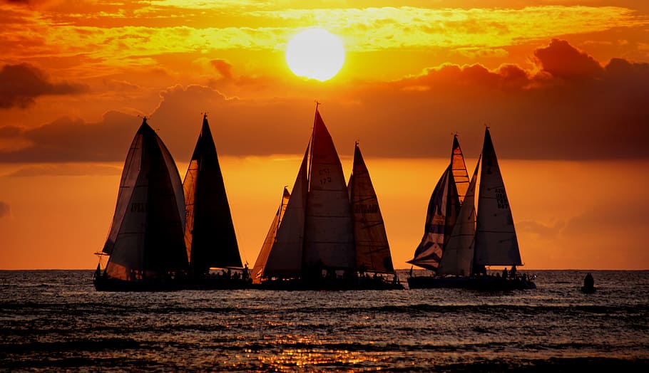Hawaii, badan air, perahu layar, emas, jam, langit, matahari terbenam, warna oranye, air, transportasi