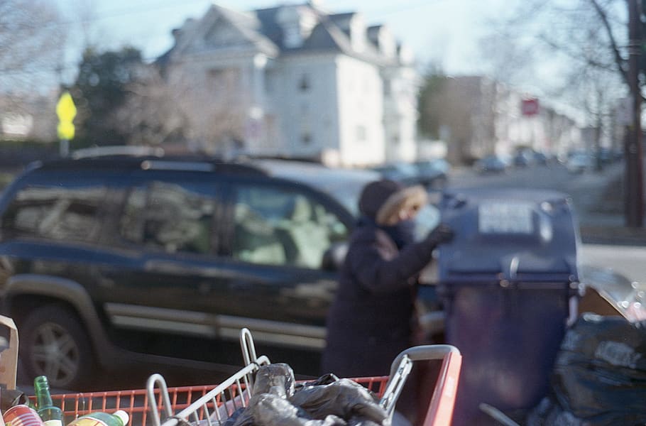 homeless, city, person, cart, trash, cold, despair, people, begger, adult
