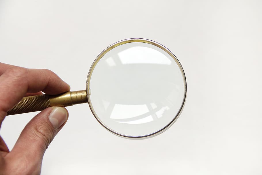 person, holding, magnifying, glass, magnifier, magnifying glass, search, look, lens, magnify