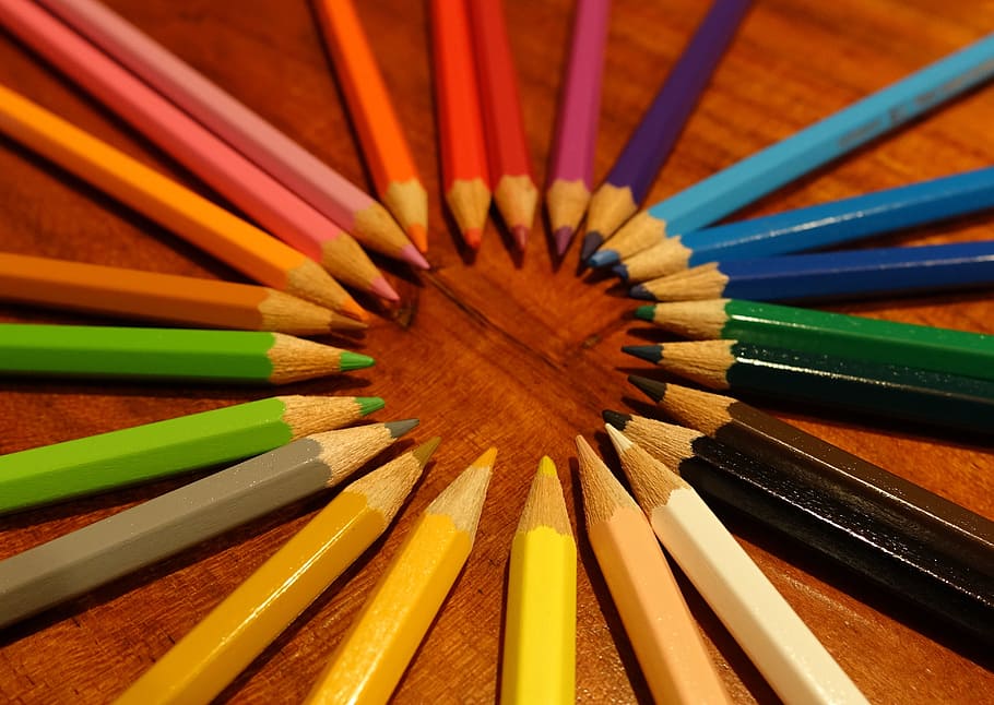 Colorful, Colored Pencils, Pens, pointed, draw, different colored crayons, color, colorful wooden pegs, leave, colour pencils