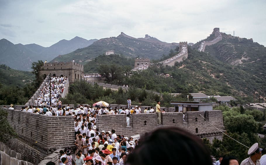 위대한, 벽, 중국, 관광객, 목적지, 자리, 사람들, 군중, 여행, 남자