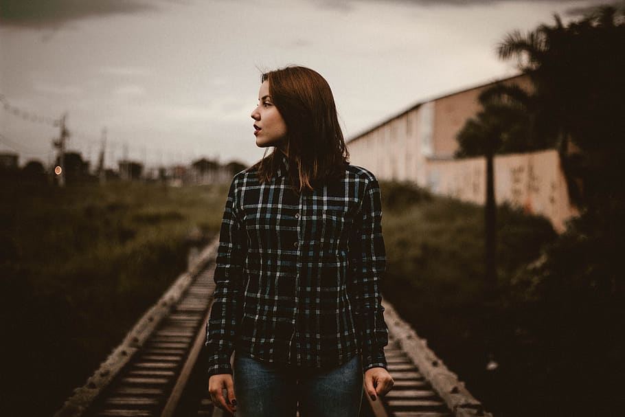 people, woman, girl, female, alone, outdoor, nature, travel, railway, track
