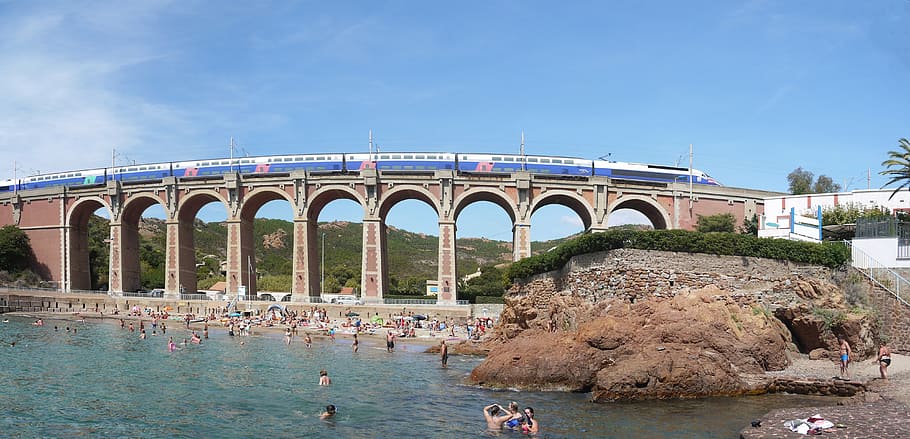 côte d ' azur, beach, mediterranean, panorama, arch bridge, train, south of france, coast, holiday, sand