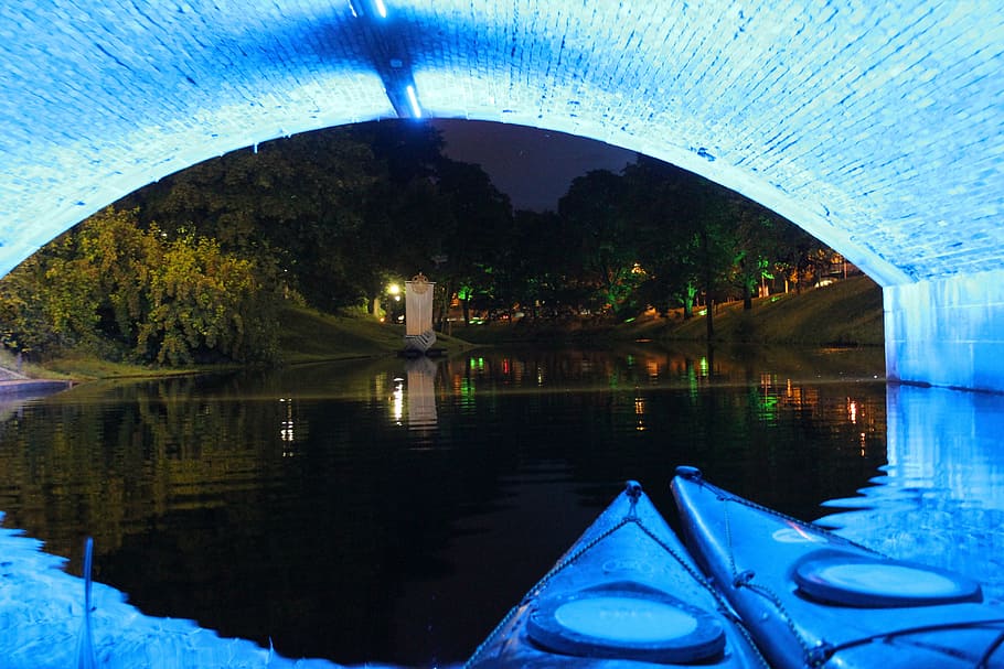 kayak, night, riga, tunnel, architecture, reflection, river, bridge - Man Made Structure, famous Place, water