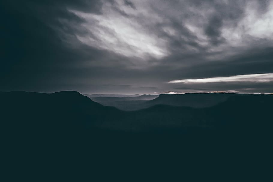 mountains, gray, cloudy, sky, dark, night, clouds, mountain, landscape, nature