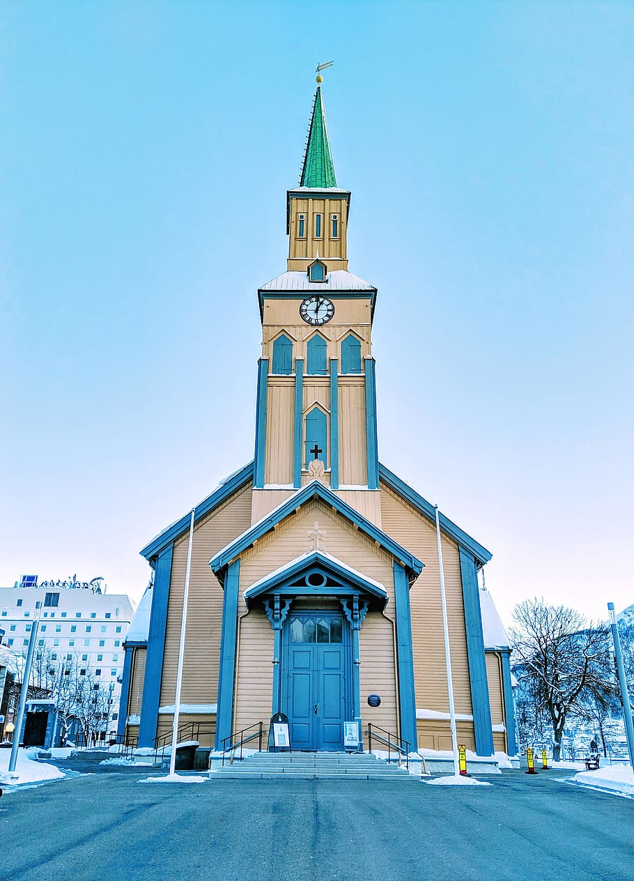 catedral, igreja, noruega, porta, construção, neve, nevado, relógio, pináculo, arquitetura