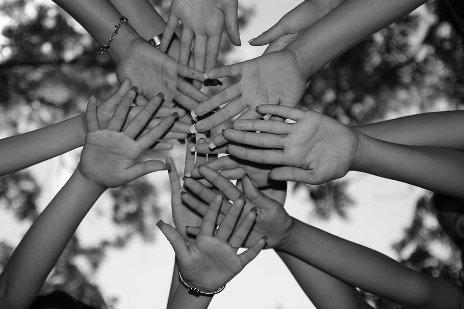 grayscale photography, people, hands, friendship, unit, together ...