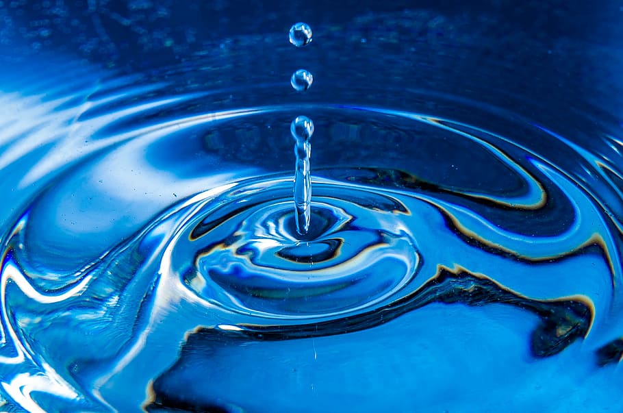 fotografi efek riak air, air, setetes air, makro, menitik, tutup, biru, cair, turun, close-up