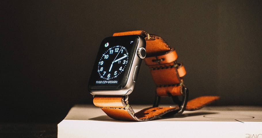 apple, watch, brown, strap, white, surface, Apple Watch, strap on, white surface, wristwatch