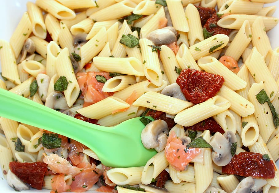 pasta, salad, salmon, cold, buffet, food and drink, food, italian food, healthy eating, wellbeing