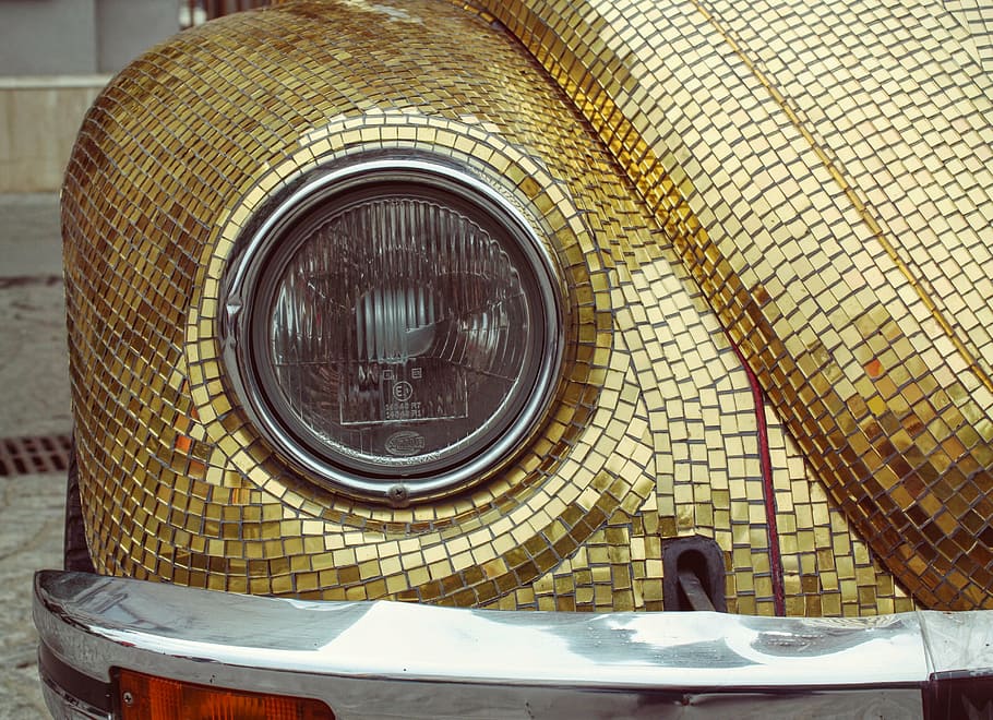 gold volkswagen beetle, headlights, volkswagen beetle, volkswagen bag, german car, two-door, retro, economy car, golden, mosaic