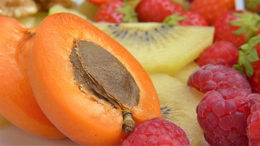 sliced, kiwi, tomato fruits, Apricot, Cut, Nuclear, Orange, cut in half, fruit, food