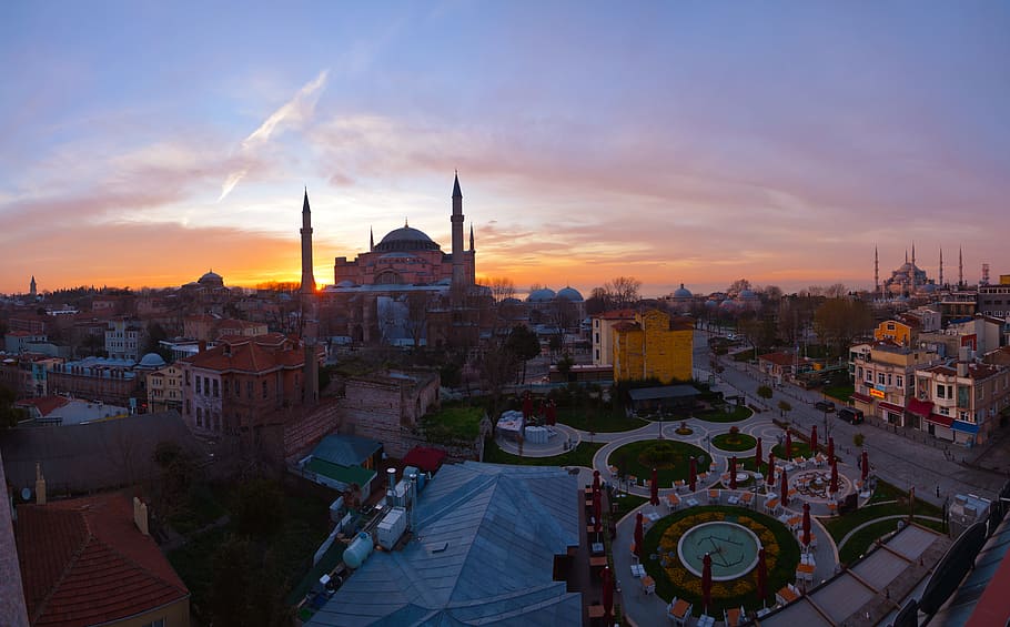 aerial, photography, hagia sophia, cami, istanbul, turkey, sunrise, sultanahmet, townscape, architecture
