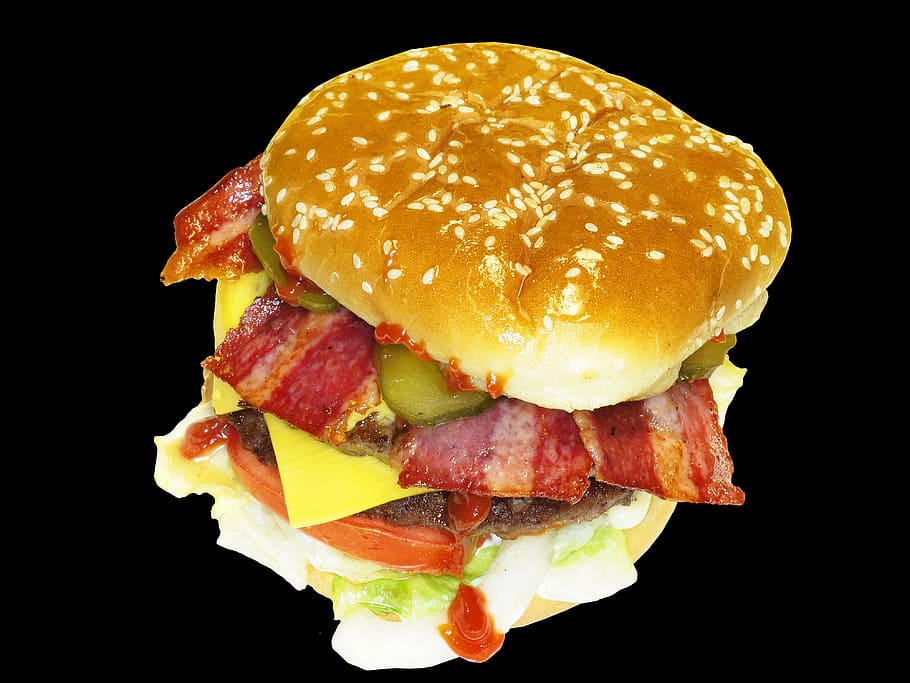 comida, hamburguesa, dieta, grasa, comida rápida, hamburguesa con queso, restaurante, tocino, fondo negro, foto de estudio