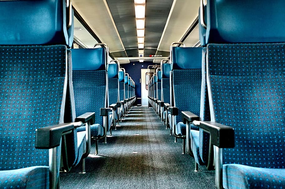biru, abu-abu, kursi bus, kereta api, di dalam, kursi kereta, kereta kosong, transportasi, perjalanan, umum