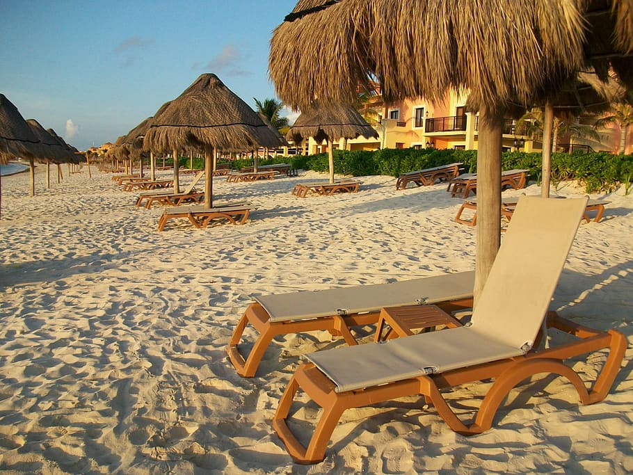 pantai, istirahat, bersantai, pasir, kursi santai, palapas, liburan, matahari terbenam, cakrawala, meksiko