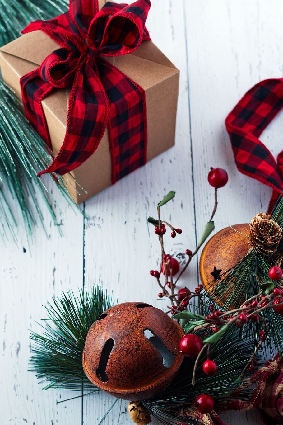 seasonal, backgrounds, christmas, flat lay, ribbon, pine, tree, festive, holiday, red