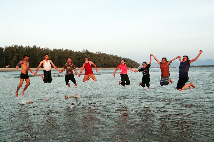 group, people, jumping, body, water, happy people, happy, beach, frolic, youngsters