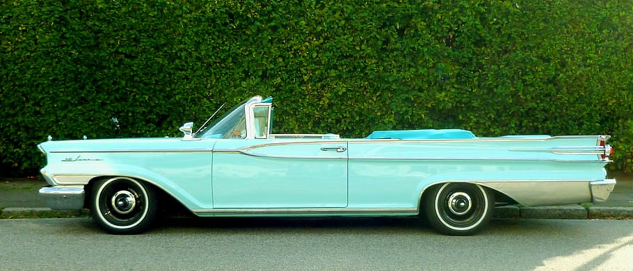 teal chevrolet, bel, air, convertible, coupe, mercury, auto, classic, oldtimer, vehicle