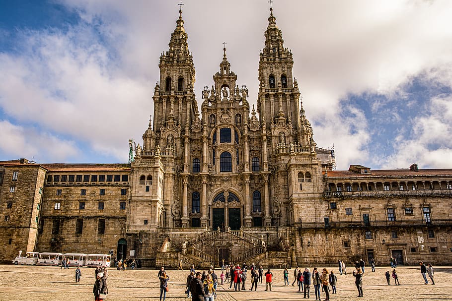 cathedral, santiago, compostela, galicia, architecture, building exterior, built structure, sky, crowd, group of people