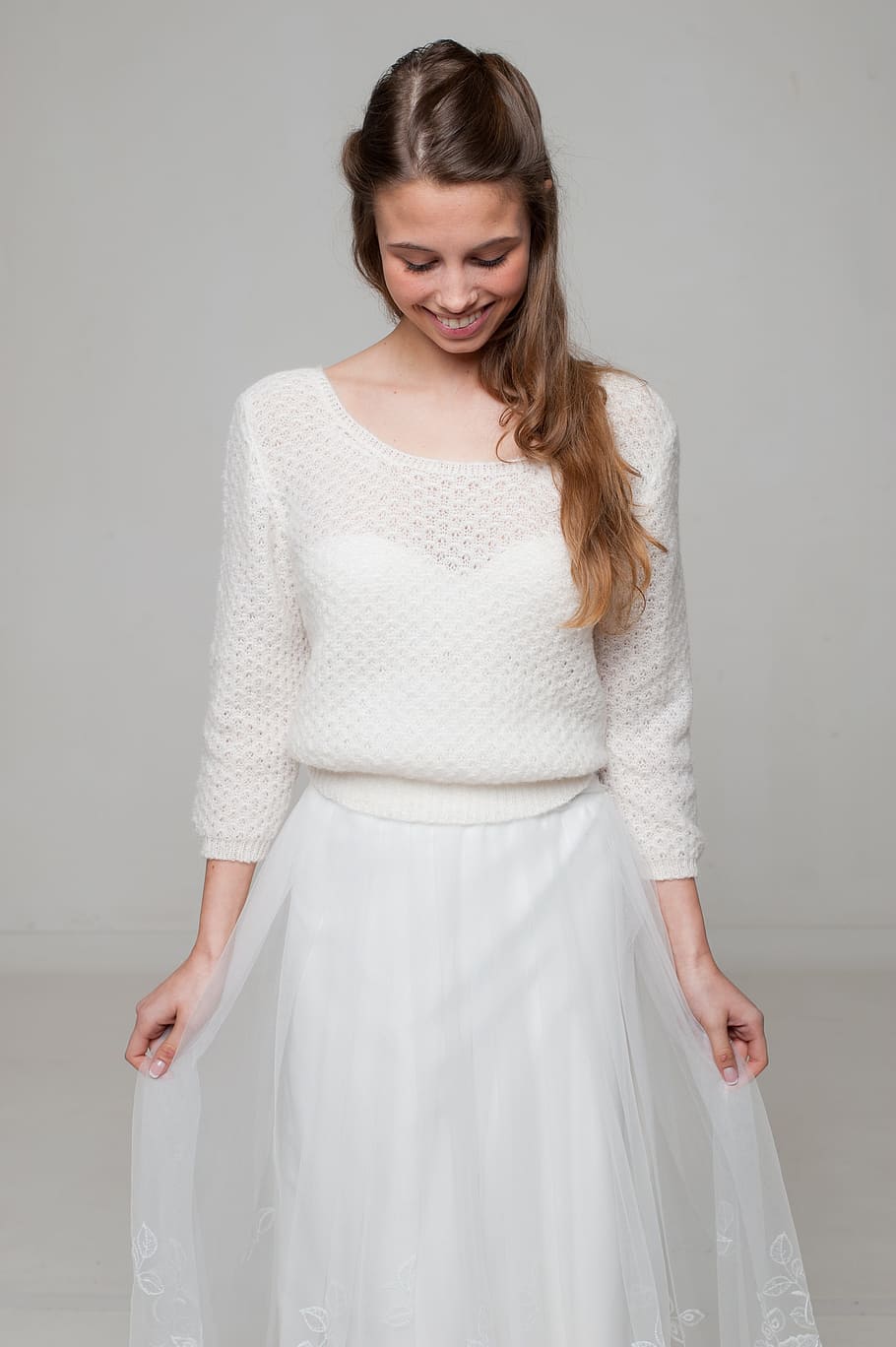 woman, wearing, white, sweater, mesh skirt, bride, bride-to-be sweater, knitting sweater, bridal fashion, romantic
