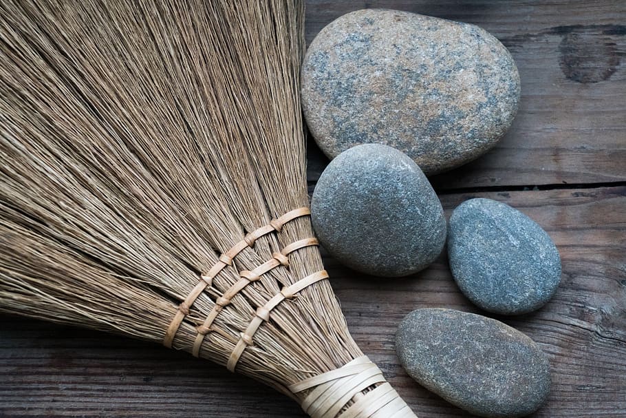 broom, stones, mood, brown, still life, wood - material, rock, indoors, close-up, table