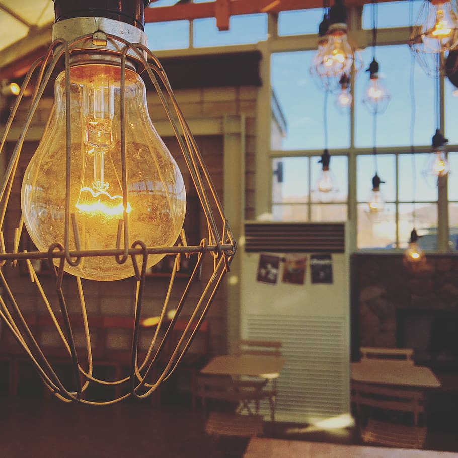 clear, light bulb, turned, interior, cafe, lighting, atmosphere, indoor, warmth, cafe lighting