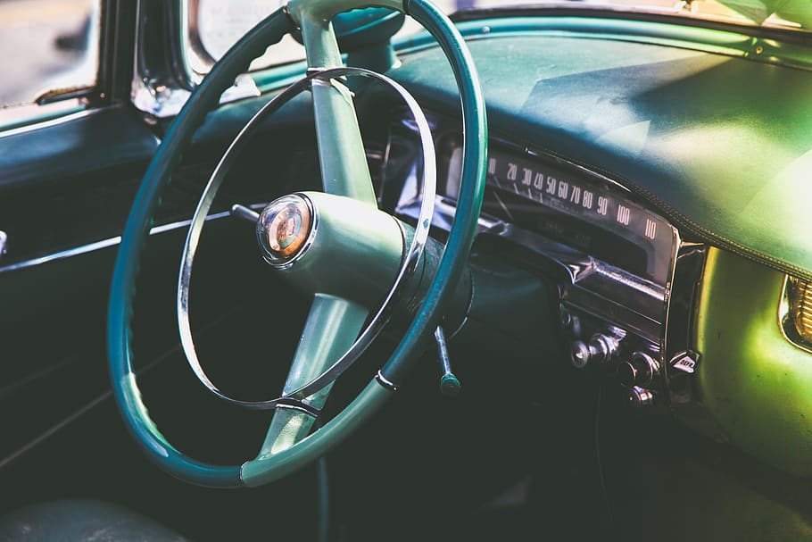 technology, cars, vehicles, automotive, steering, wheel, drive, vintage, blue, green