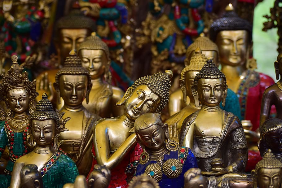 Gautama Buda Figurine Lot, estatua, Buda, espectáculo, color, metal, ídolos, religión, budismo, escultura