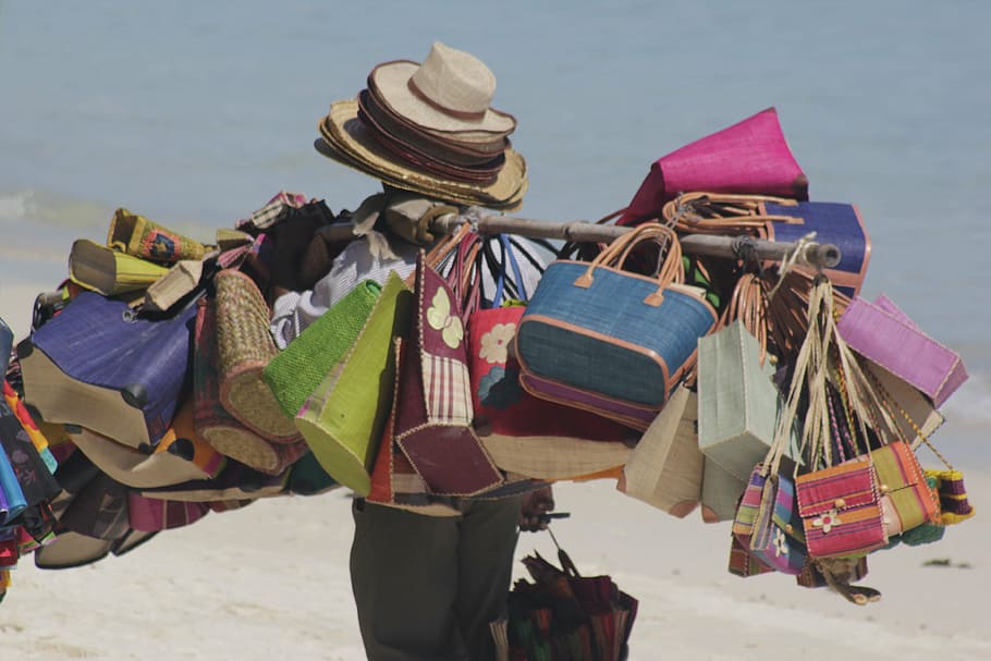 assorted-color, bags, hats, beach seller, colourful, beach, mauritius, basket, colour, sell