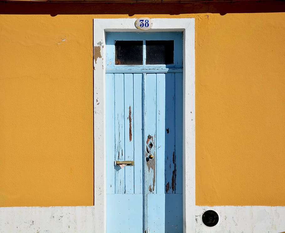 person, showing, blue, wooden, door, yellow, vintage, old, retro, sunny