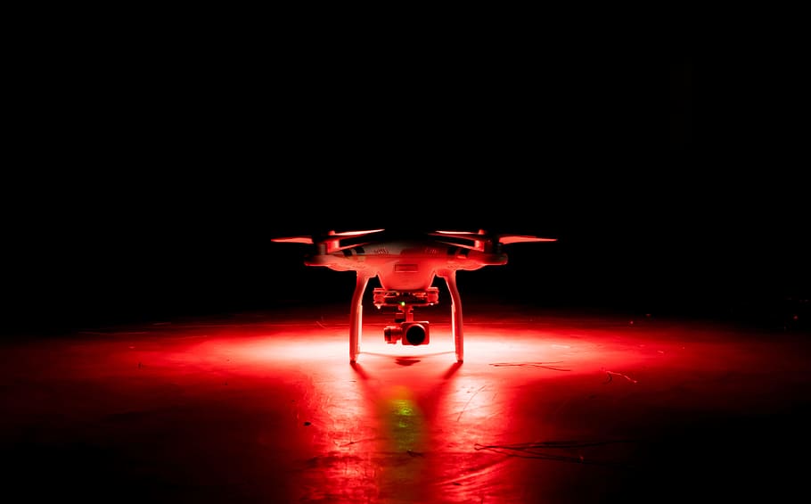 white, quadcopter drone, surface, dark, night, red, light, photography, drone, illuminated