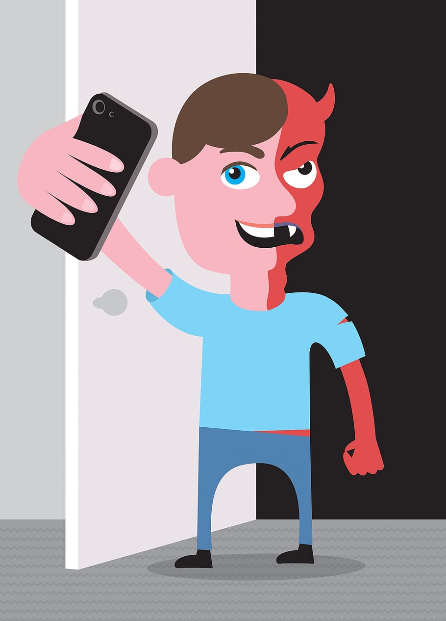selfie, devil, character, cartoon, good, bad, ugly, one person, communication, real people