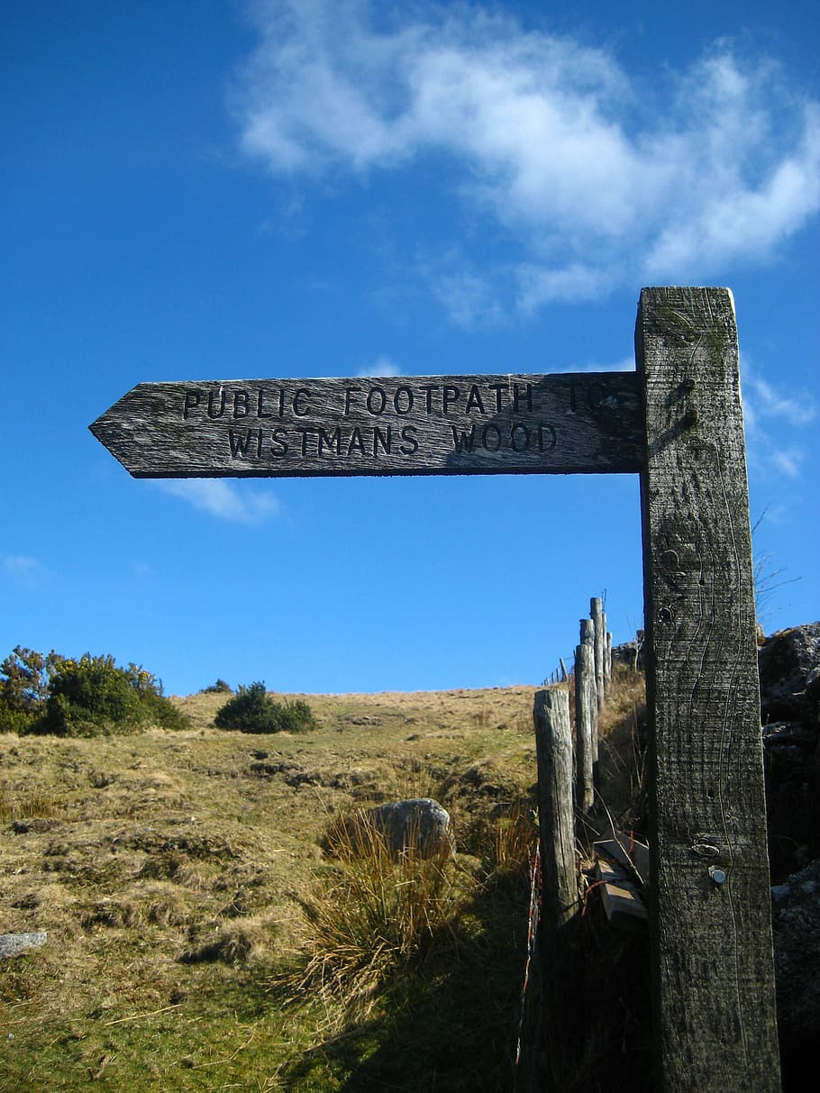 Woods, Dartmoor, Devon, wistman woods, public footpath sign, blue sky, hiking, sky, text, rural scene