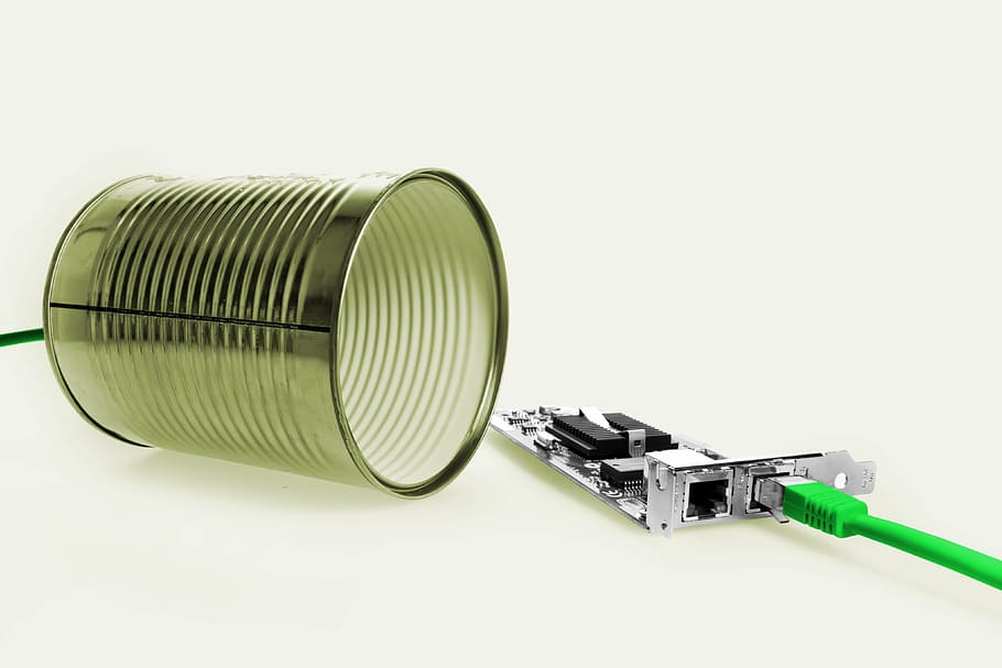 yellow tin can, canned phone, box, cable, funny, fun, phone, voice over ip, technology, metal