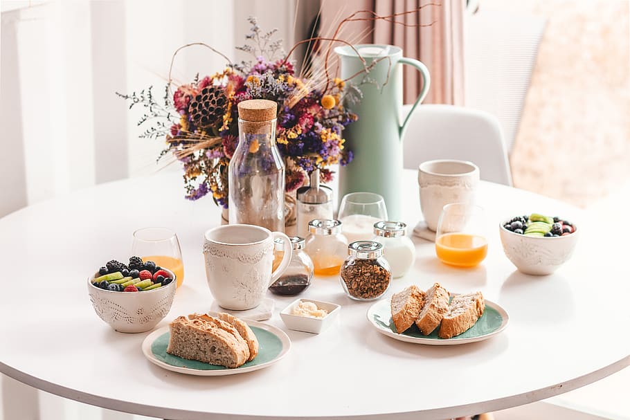 breakfast, minimal, interior design, indoors, meal, food, orange juice, fruit, bread, table