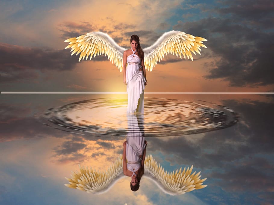 woman angel, walking, water, waters, beach, ocean, nature, sun, sky, mirroring