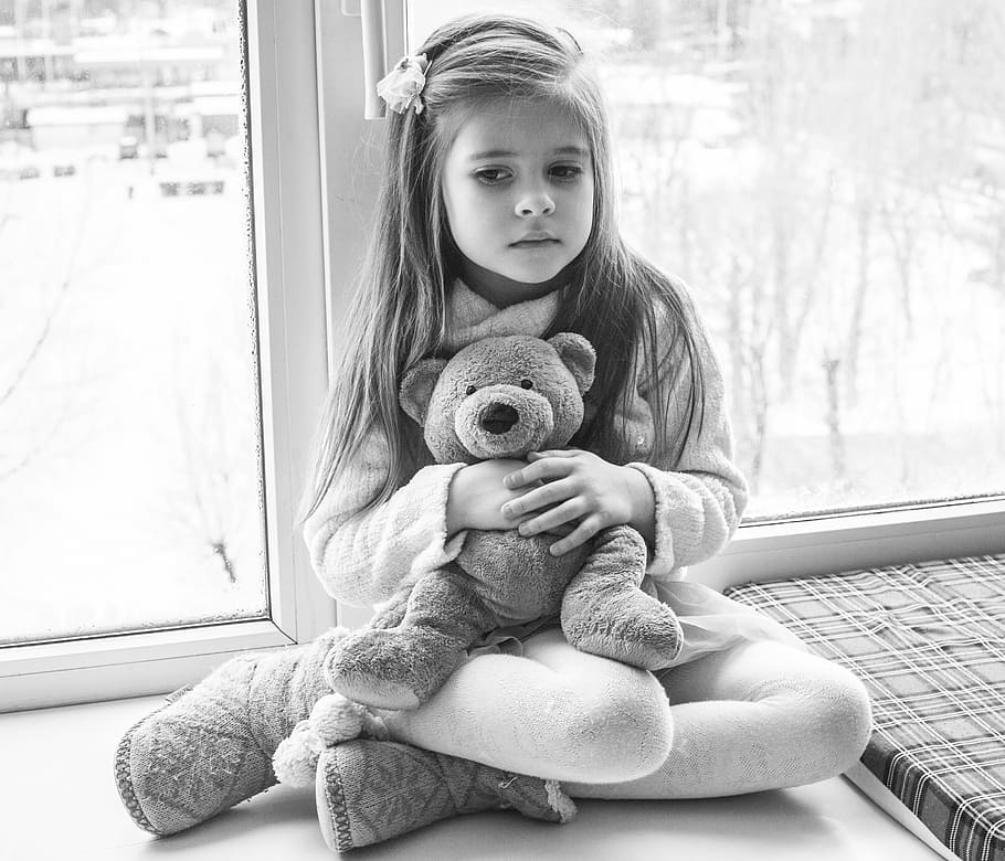 grayscale photo, girl, carrying, bear, plush, toy, Kids, Baby, Girl, Small, Child