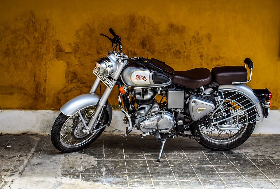 gray, black, brown, standard, motorcycle, parked, wall, bike, enfield, india