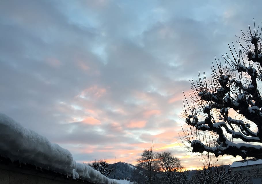 evening, evening sky, winter, snow, plane, mood, weather mood, sunset, einsiedeln, canton of schwyz