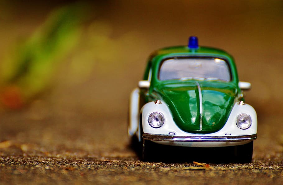 fotografía de enfoque selectivo, verde, Volkswagen Beetle, Police Car, Auto, Beetle, Vw, police, patrol car, blue light