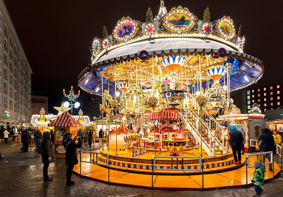 carousel, christmas market, ride, winter, lights, colorful, atmosphere, joy, vibrant color, advent