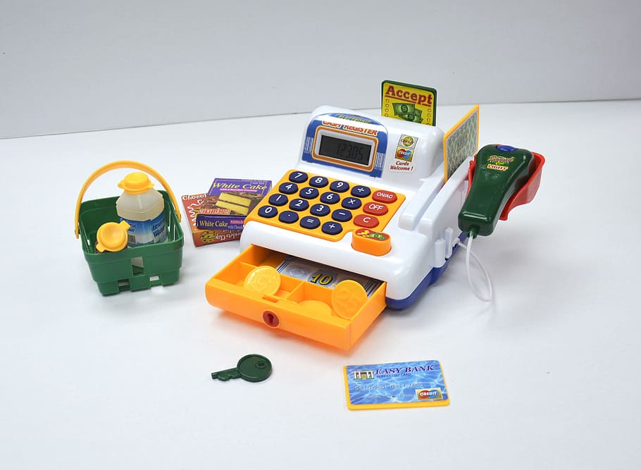 toy cash, register, Toy, Cash Register, toy cash register, kids cash register, calculator, paper currency, currency, white background