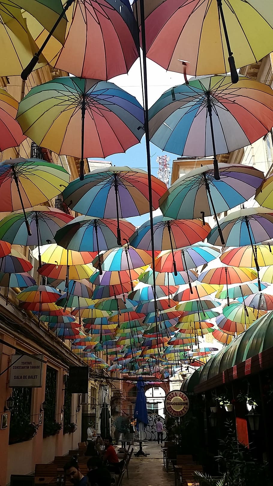 umbrella, color, city, bucharest, romania, multi colored, market, architecture, hanging, protection