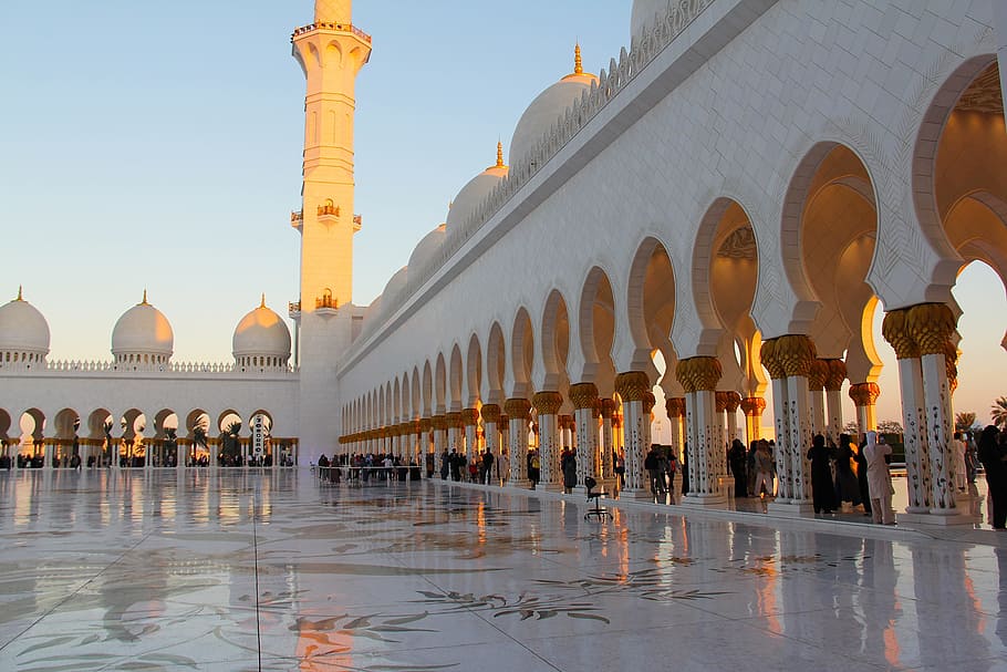 person showing mosque, sunset, evening, pray, muslim, amazing, sheikh zayed grand mosque, mosque, minaret, architecture