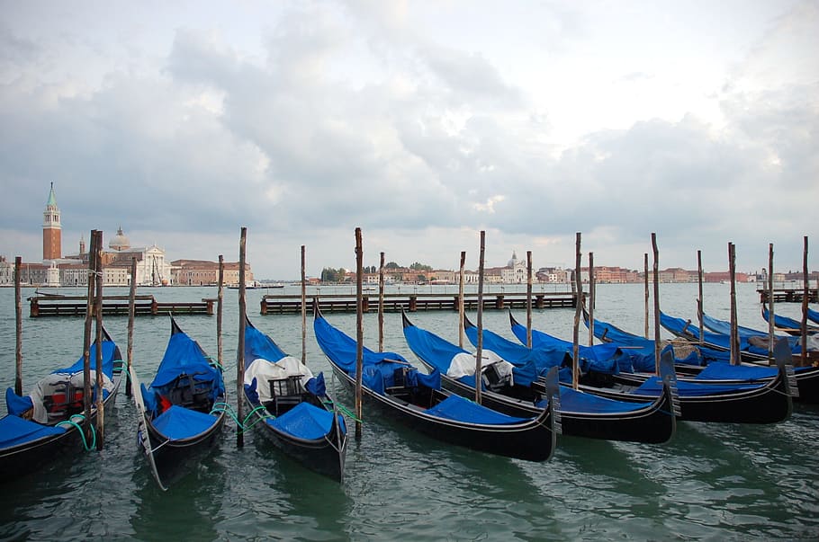 perahu, air, gondola, kanal, perjalanan, venesia, laguna, liburan, kapal bahari, awan - langit