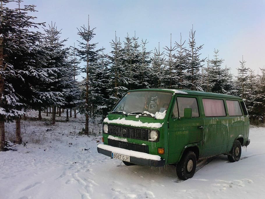 Nieve, camión, autobús, invierno, verde, atrapado, temperatura fría, clima, automóvil, nevando