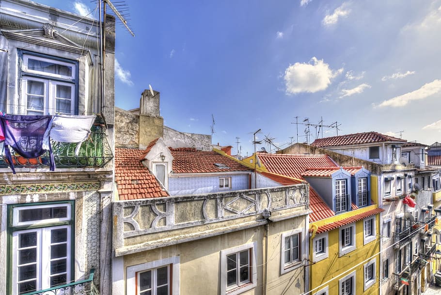 lisbon, bairro alto, old town, lisboa, city, portugal, clouds, view, digital art, high dynamic range